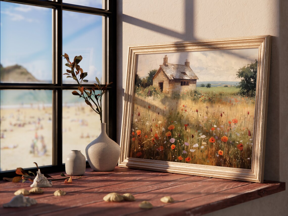 English Stone Cottage Wildflower Meadow Vintage Farmhouse Art Print - Image 4