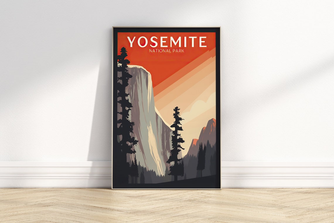 Yosemite National Park Granite Cliff Sunset Retro Travel Poster