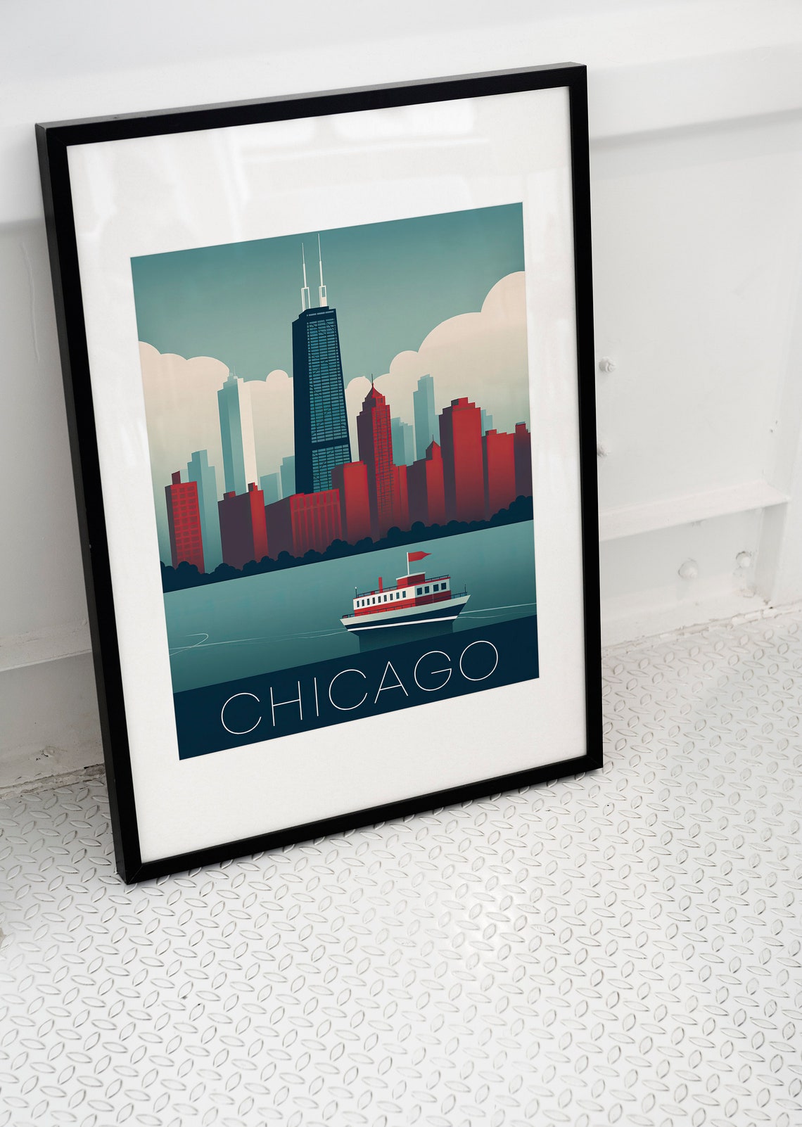 Chicago Illinois Retro Skyline Tower Lake Boat Travel Poster - Image 2