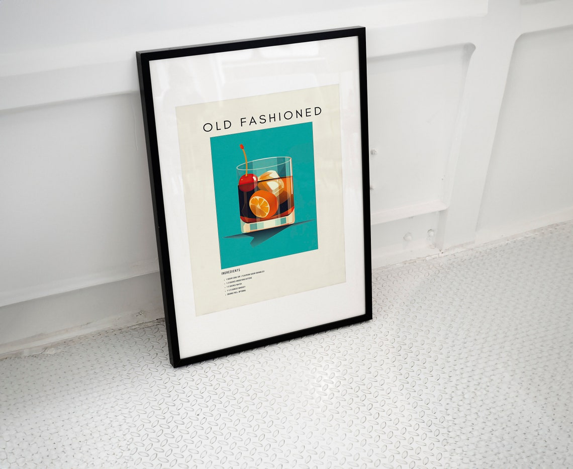 Old Fashioned Classic Cocktail Recipe Retro Teal Bar Decor Poster - Image 2