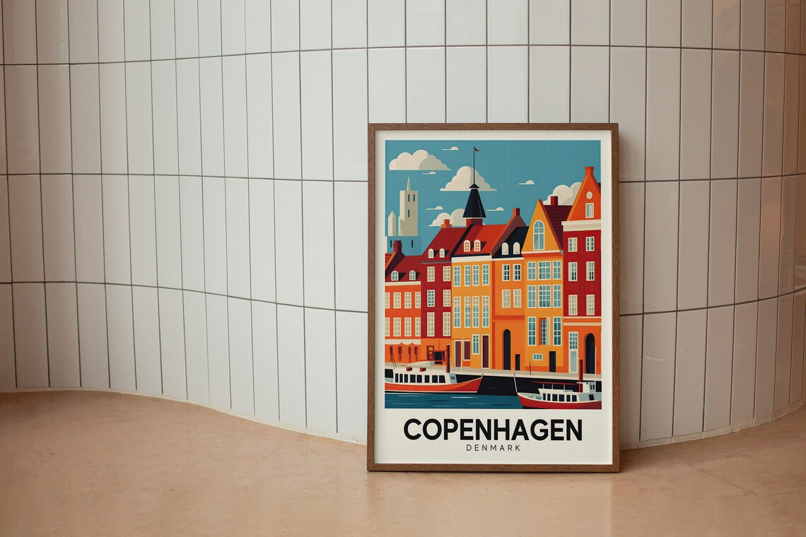 Copenhagen Denmark Retro Nyhavn Harbor Boats Colorful Travel Poster - Image 2