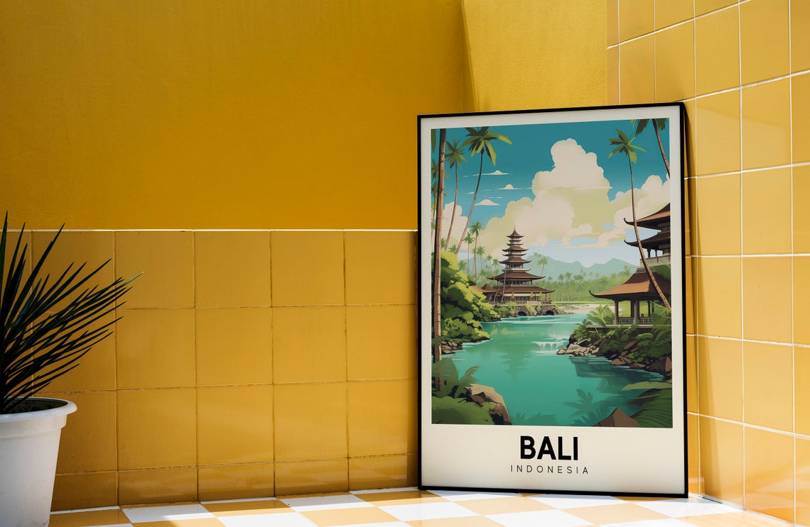 Bali Indonesia Temple Lagoon Tropical Retro Travel Style Poster - Image 3