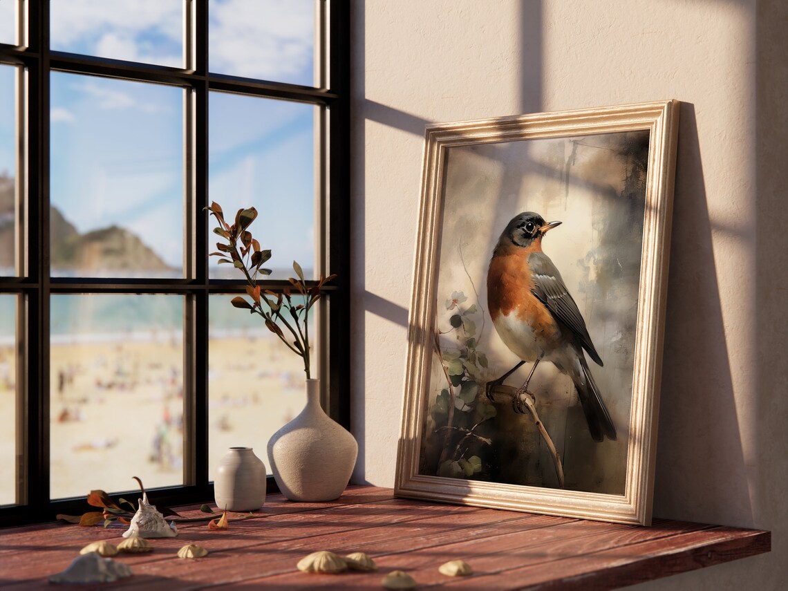 Vintage American Robin Oil Painting Moody Bird Portrait Art Print - Image 4