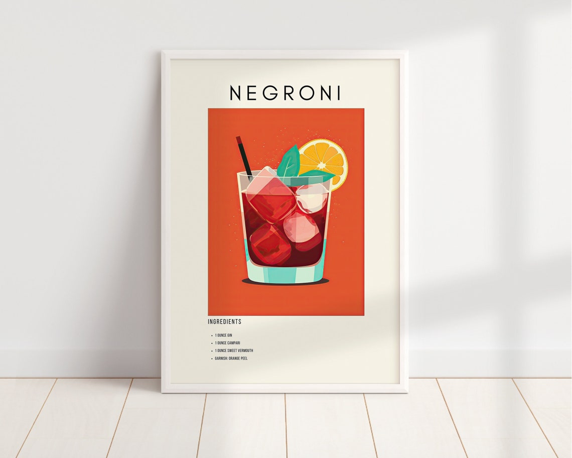 Negroni Cocktail Recipe Retro Red Minimalist Kitchen Bar Cart Wall Art