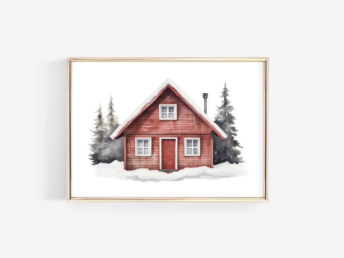 Red Wooden Cabin in the Snow Watercolor Winter Christmas Art Poster - Image 4
