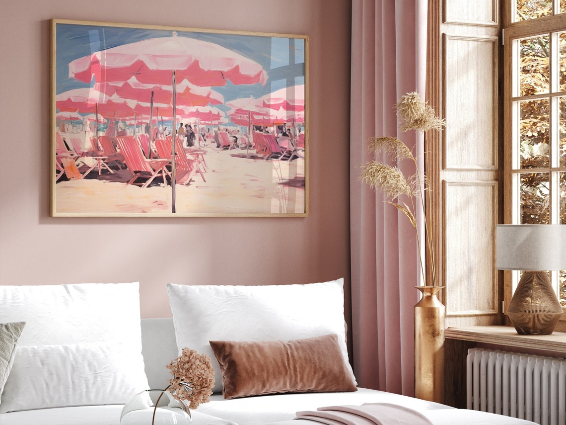 Pink Parasols Beach Chairs Sunny Pastel Seaside Resort Summer Poster - Image 4