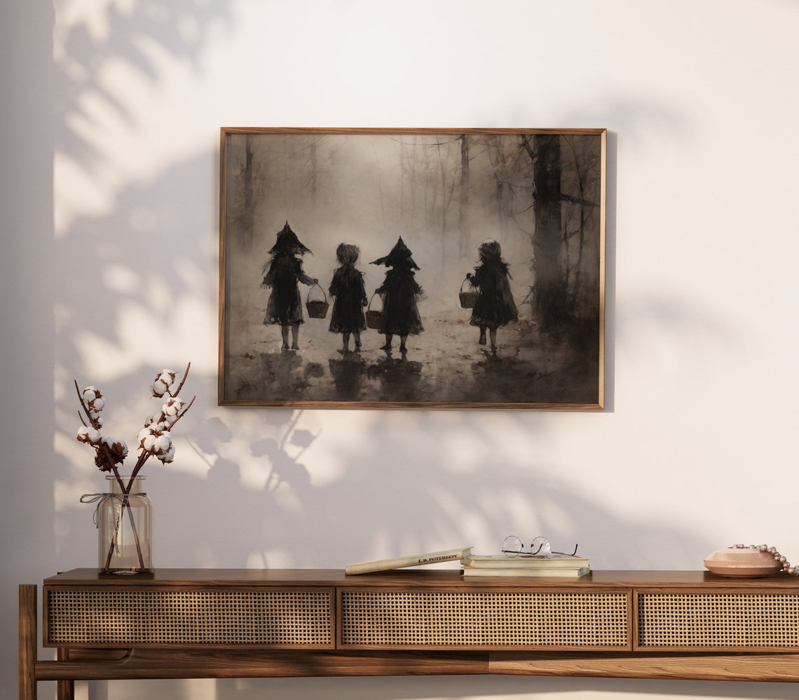 Children Trick or Treating in Foggy Woods Vintage Halloween Poster - Image 4
