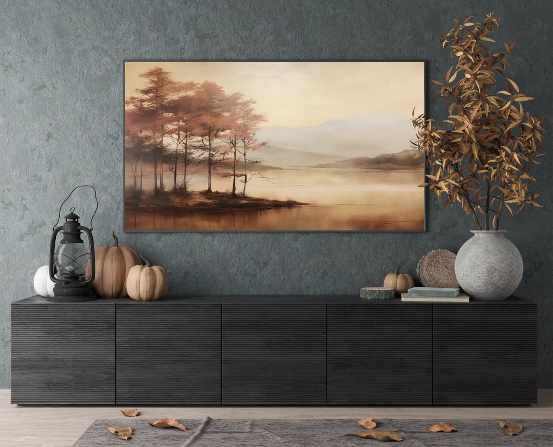 Serene Misty Autumn Lake with Trees Vintage Landscape Poster - Image 2