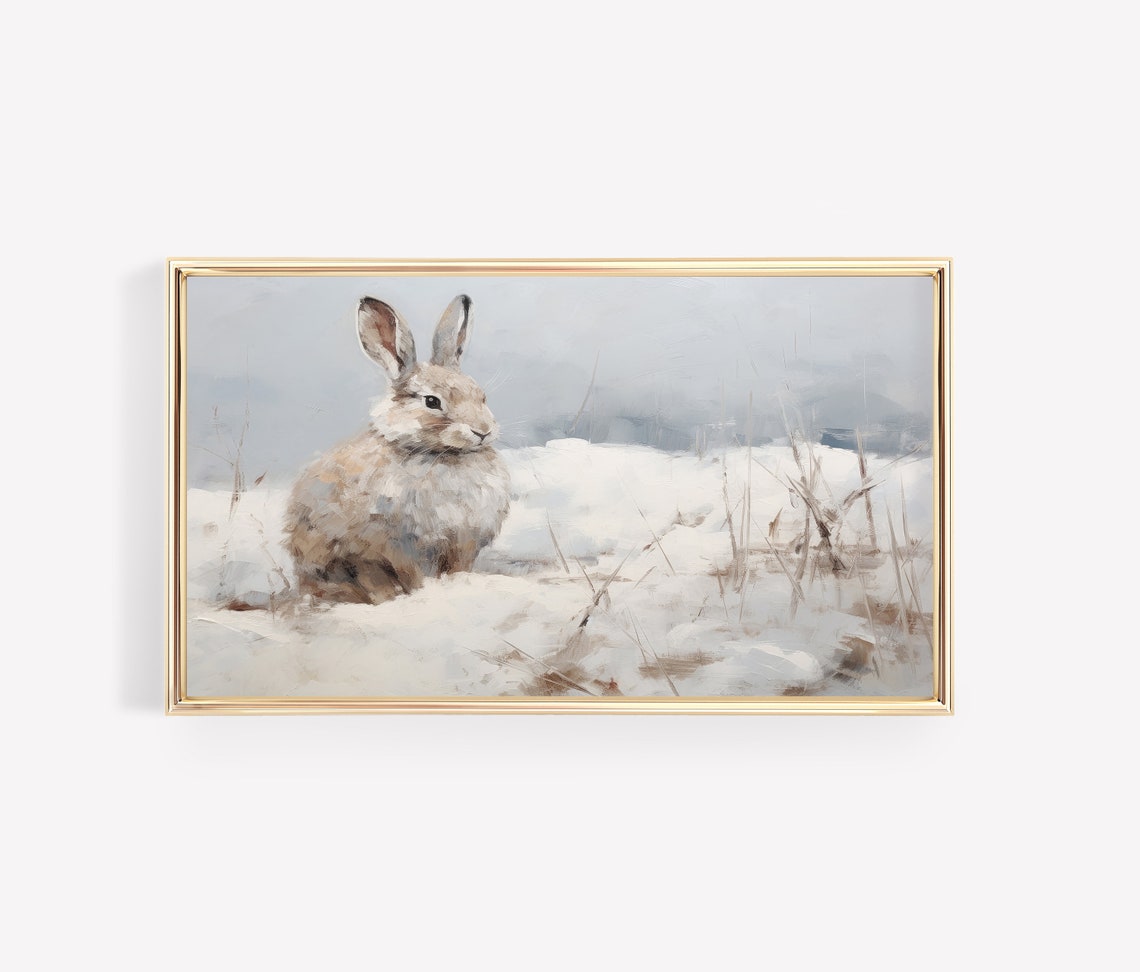 Wild Rabbit Sitting in Deep Snow Winter Wildlife Painting Poster - Image 3