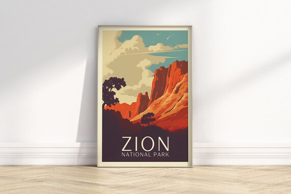 Zion National Park Retro Red Rock Canyon Scenic Travel Poster