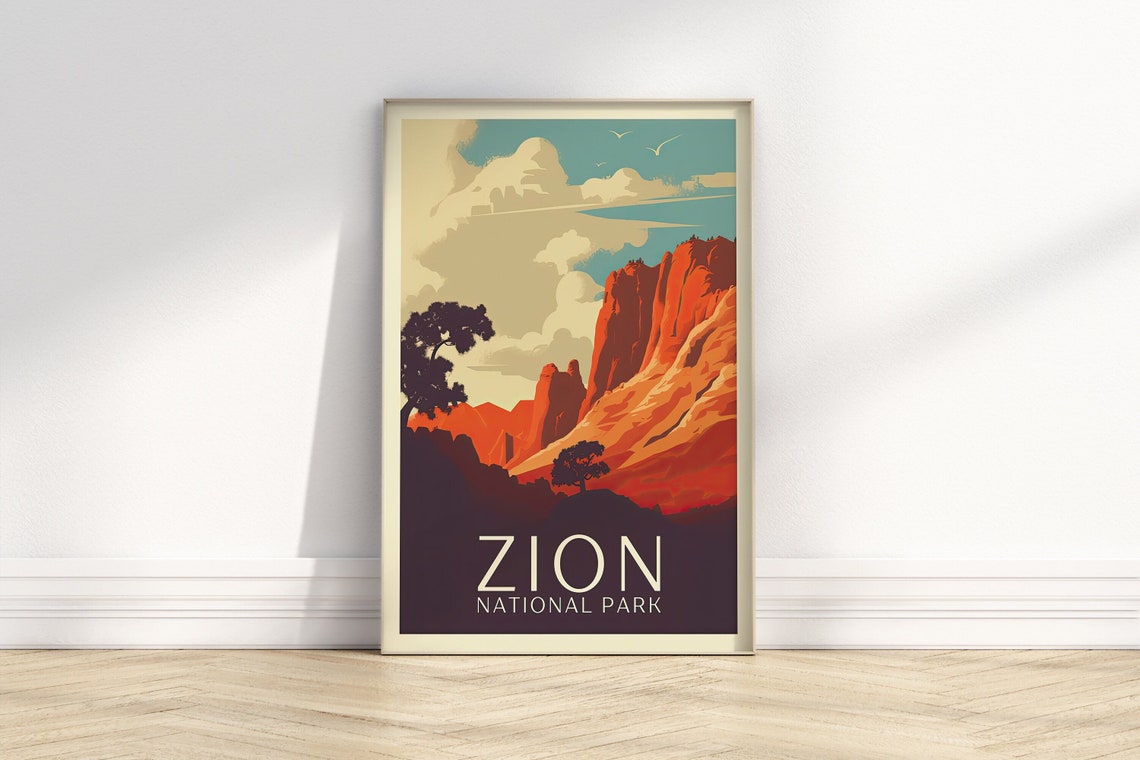 Zion National Park Retro Red Rock Canyon Scenic Travel Poster