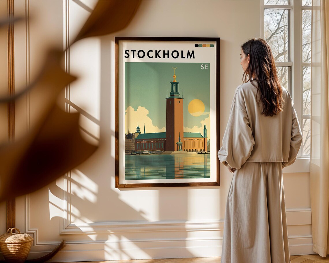 Stockholm Sweden City Hall Tower Retro Sunset Travel Art Poster