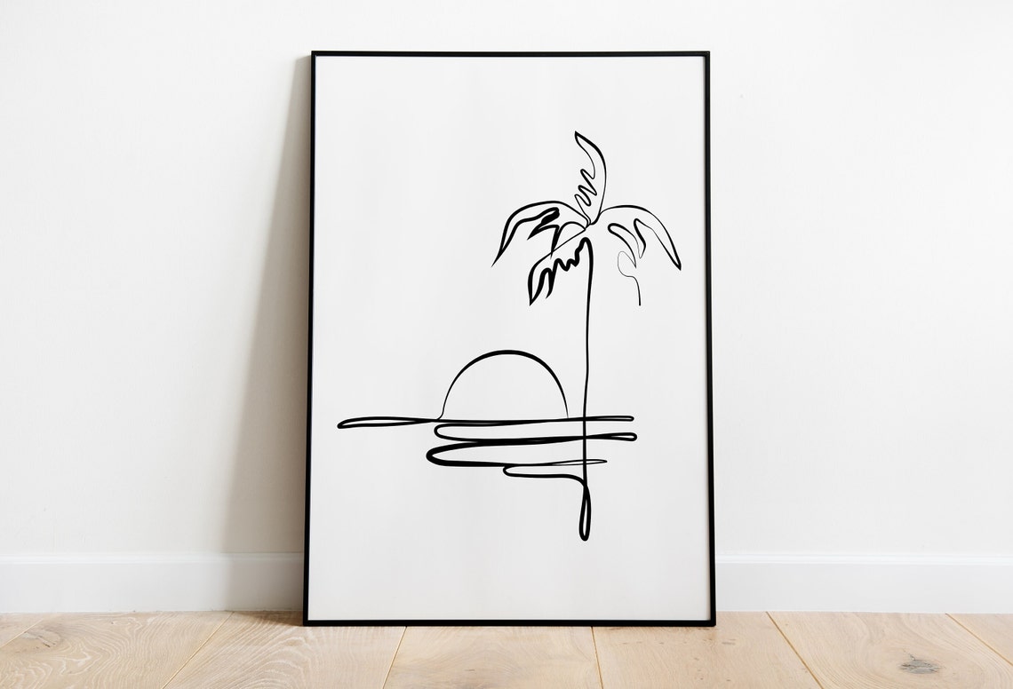 Sunset One Line Drawing Sun and Palm Tree Ocean Minimalist Print