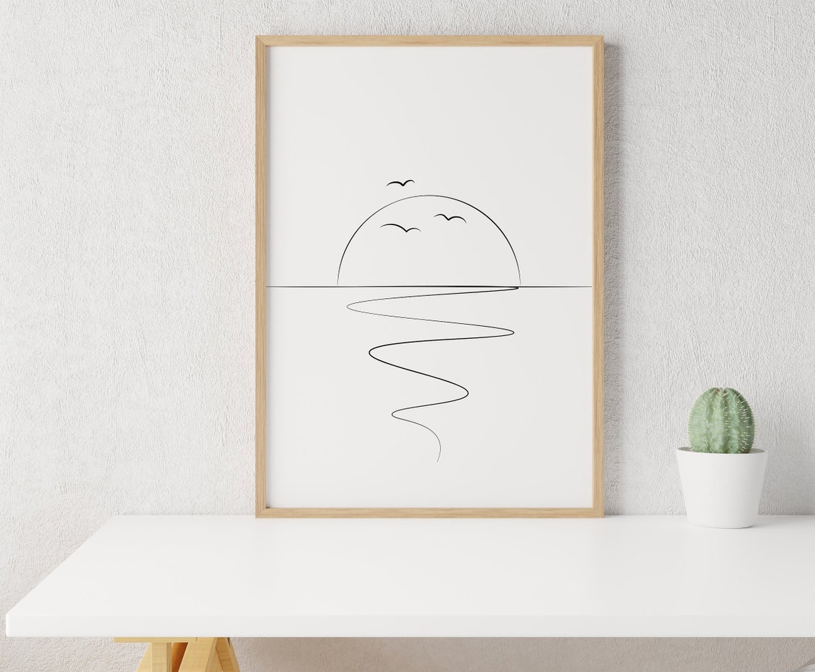 Sun With Ocean Waves Line Art Minimalist Sunset Birds Wall Poster