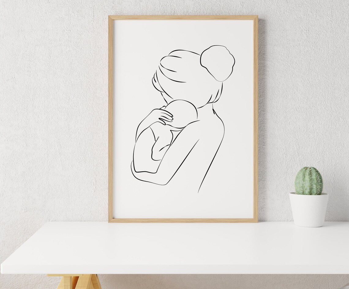 Mother And Baby Line Art Minimalist Mom Sketch Mothers Day Poster