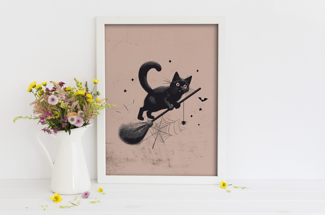 Scared Black Cat on Broom, Funny Halloween Art Print - Image 2