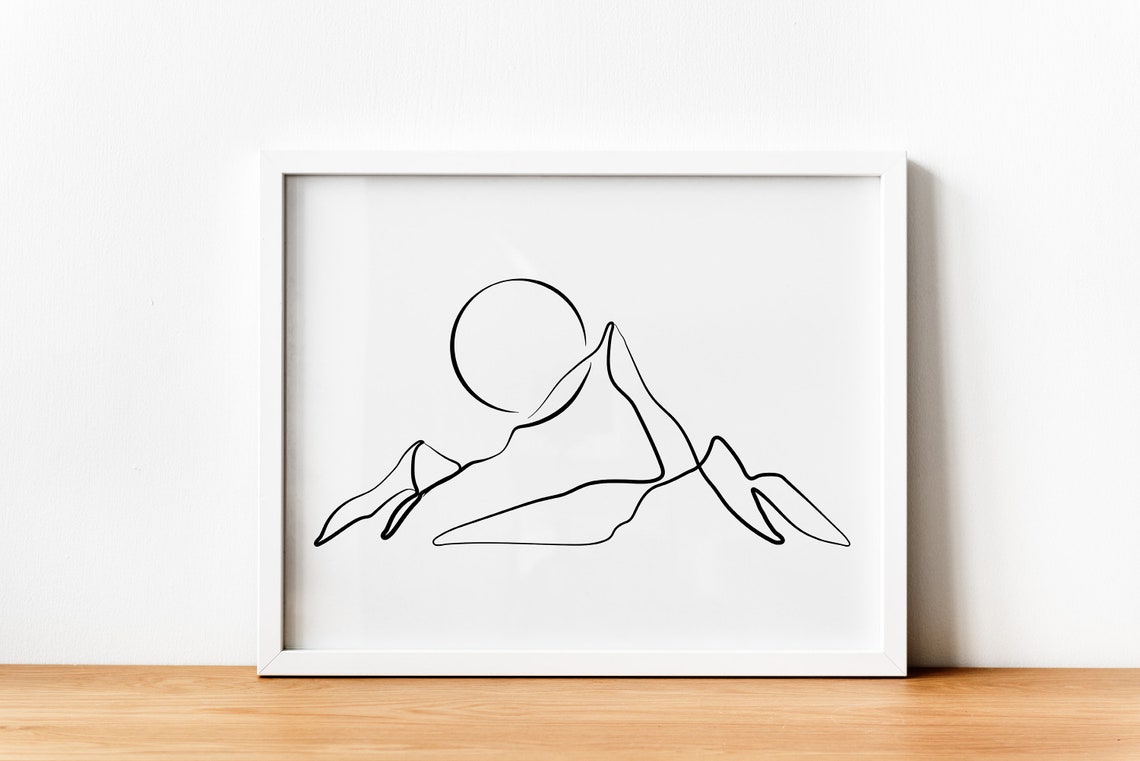 Mountain and Sun One Line Art Minimalist Landscape Sketch Print - Image 2