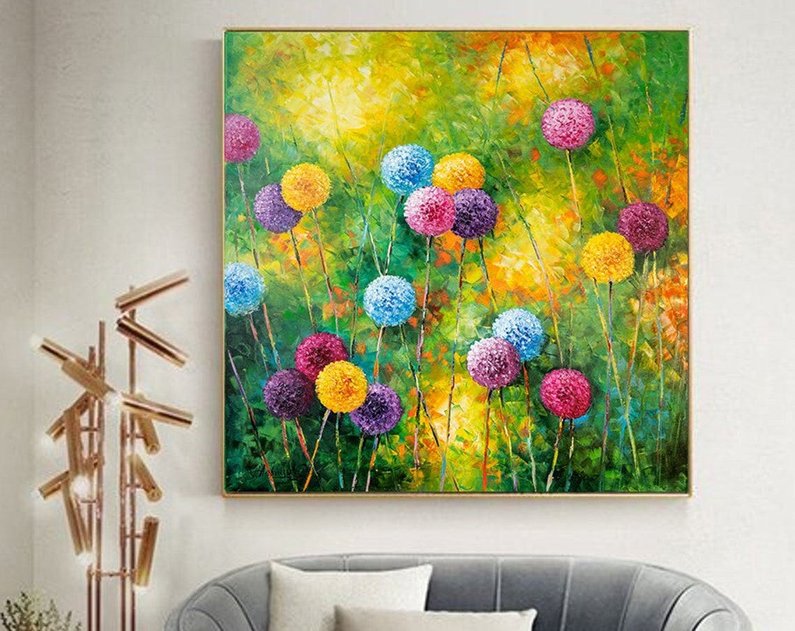 Dandelion Flowers Oil Painting Extra Large Wall Art Wildflowers Painting Master Bedroom Decor Grass Painting Field Of Flowers Big Painting - Image 2