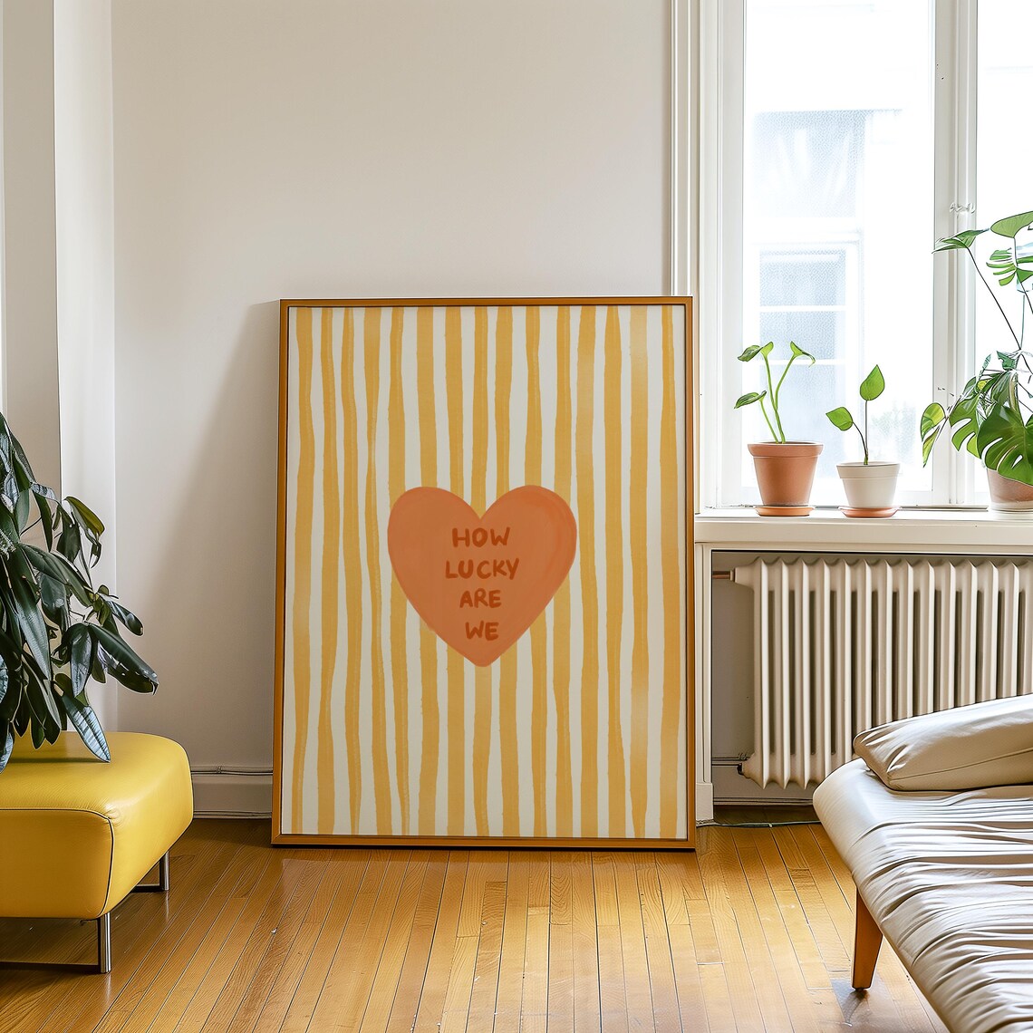 How Lucky Are We Orange Heart Yellow Striped Retro Quote Poster