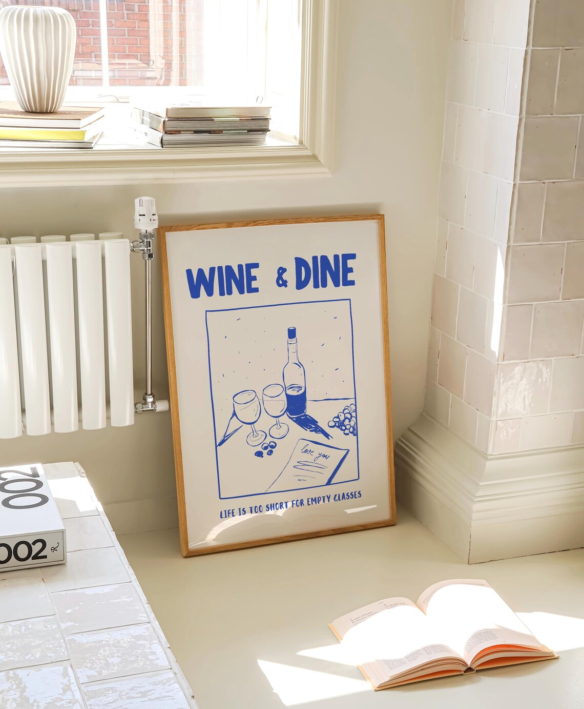 Cheerful Wine and Dine Blue Line Art Quote Kitchen Dining Poster