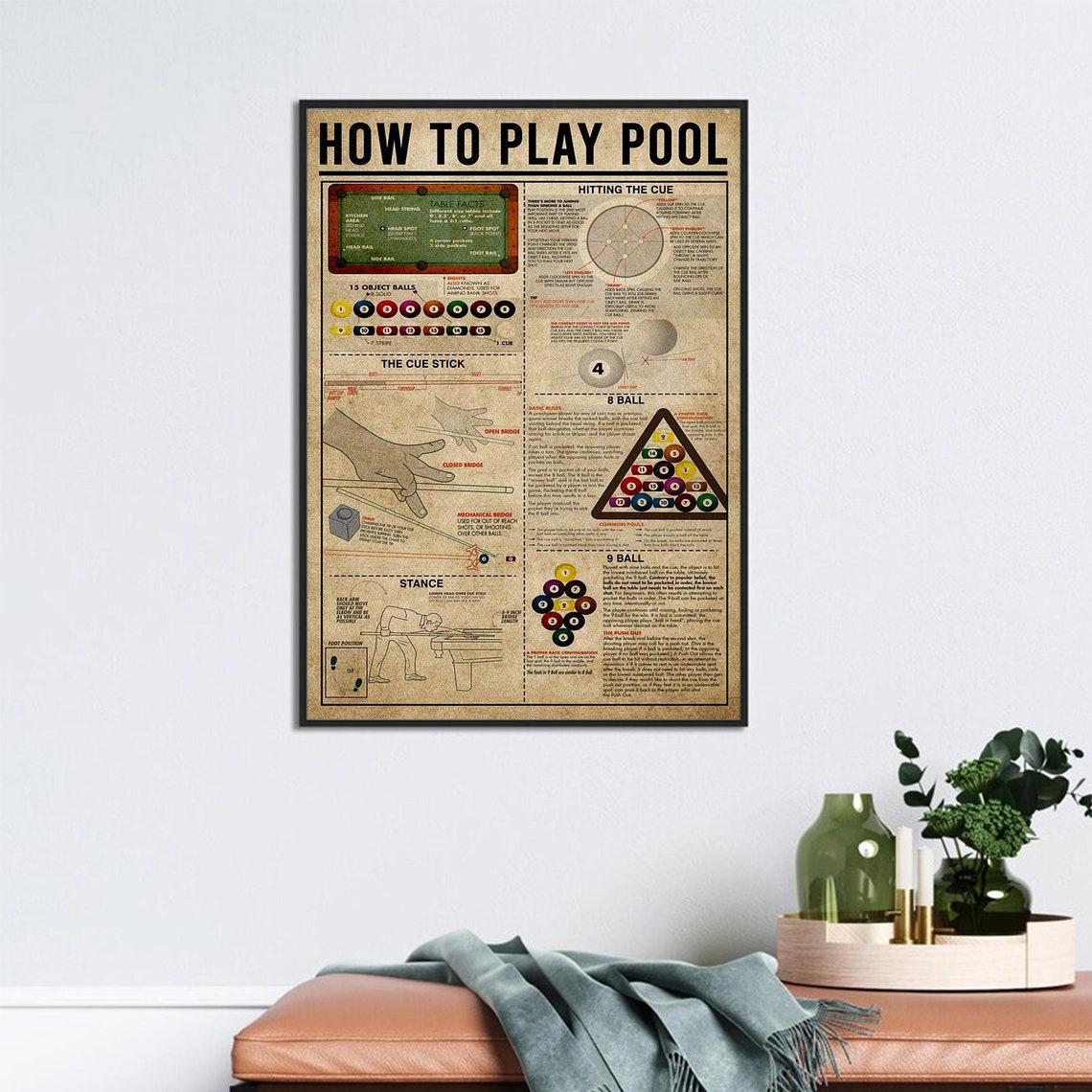 How To Play Pool Billiards Rules Guide Vintage Game Room Poster - Image 3