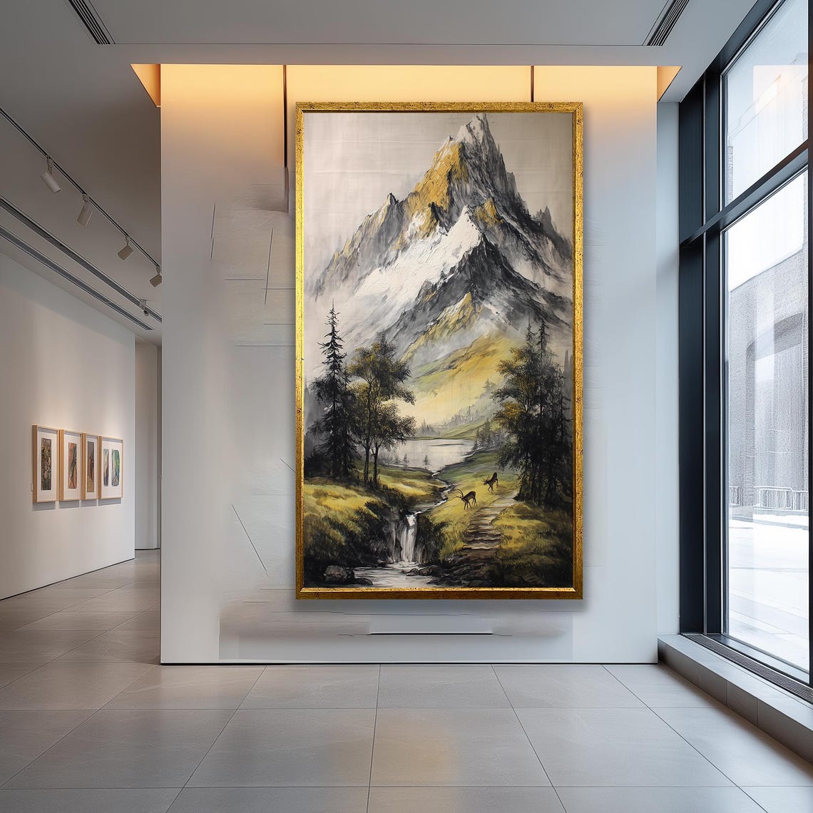 Mountain Landscape Painting Poster Waterfall Deer Golden Peaks
