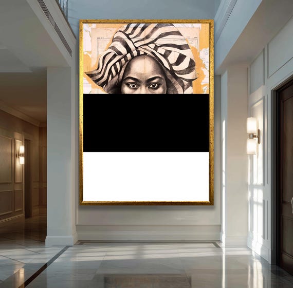 African Portrait Canvas Wall Art Woman With Headwrap Black And White Painting Ethnic Feminine Artwork Modern Cultural Home Decor Print