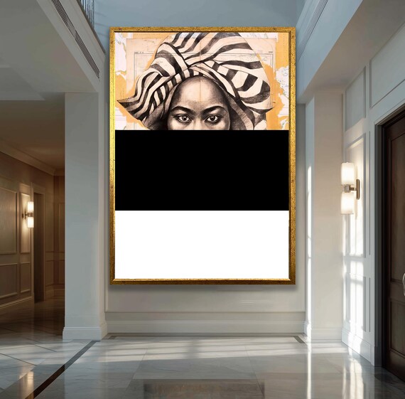 Black And White African Portrait With Striped Headwrap Modern Art Poster