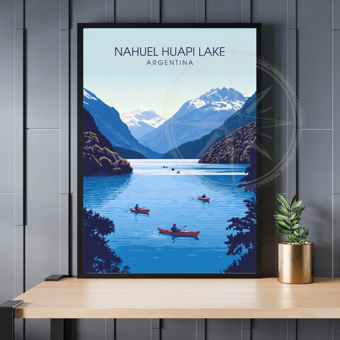 Nahuel Huapi Lake Argentina Travel Poster with Red Kayaks on Blue Water