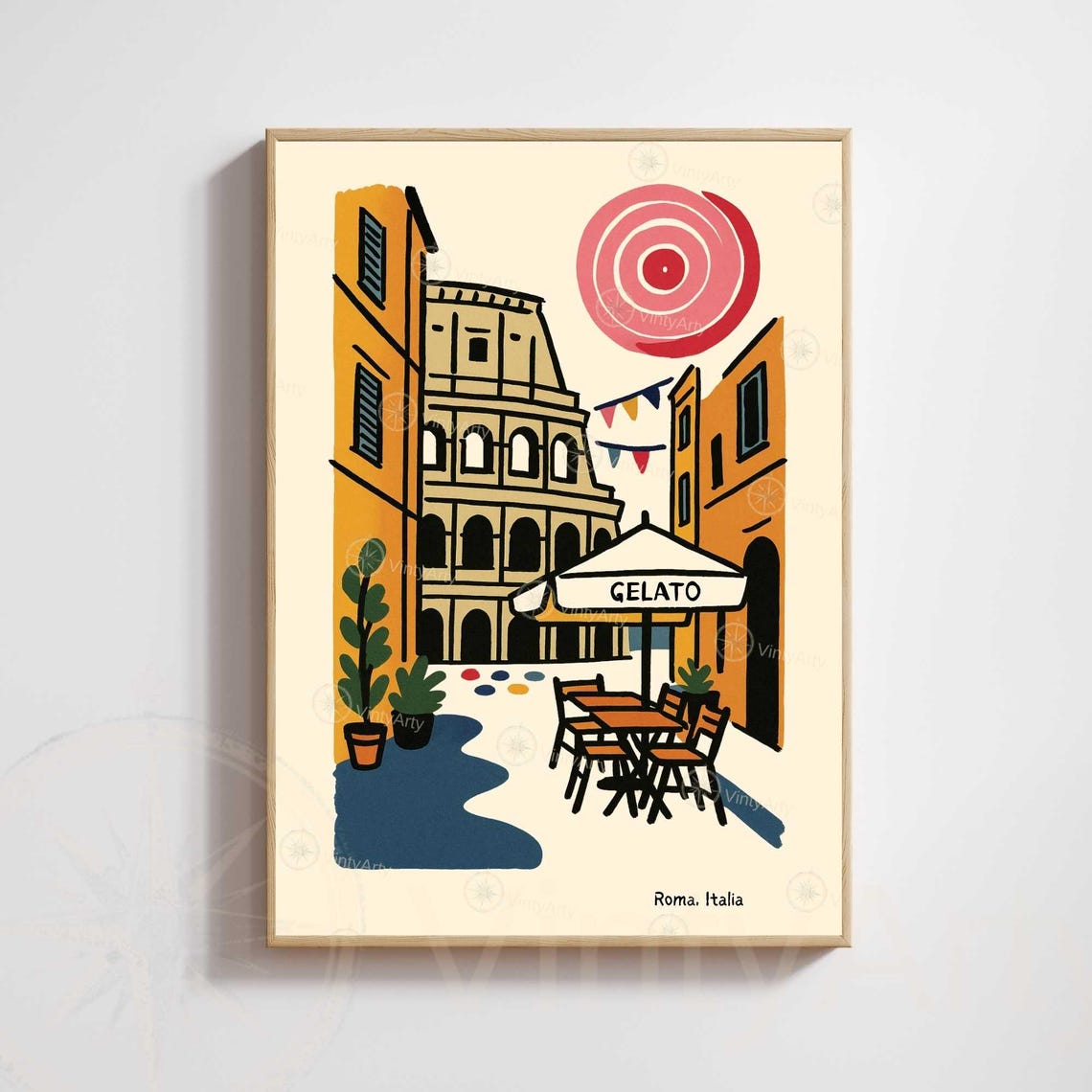 Rome Italy Hand Drawn Colosseum Gelato Stand Vintage City Poster