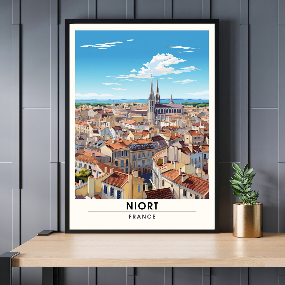 Niort France Old Town Rooftops Cathedral Bright Skyline Travel Poster