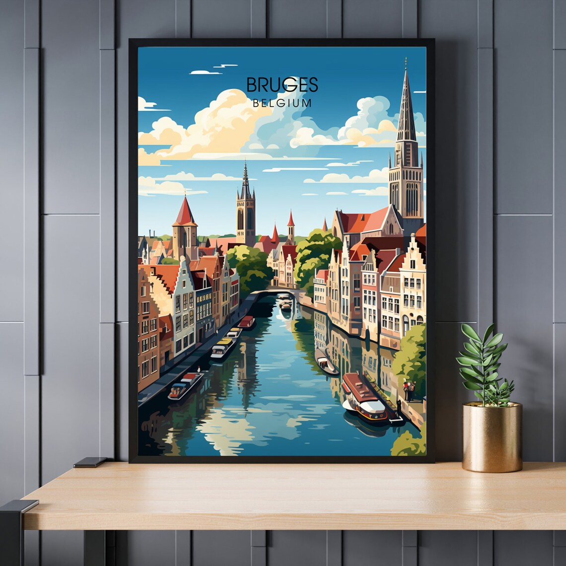 Bruges Belgium Canal Boats Belfry Towers Vintage Travel Poster