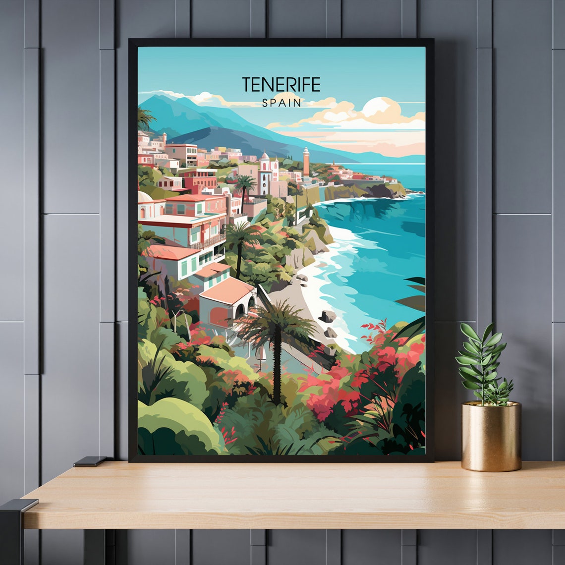 Tenerife Spain Volcanic Coastal Town Mount Teide Ocean Poster