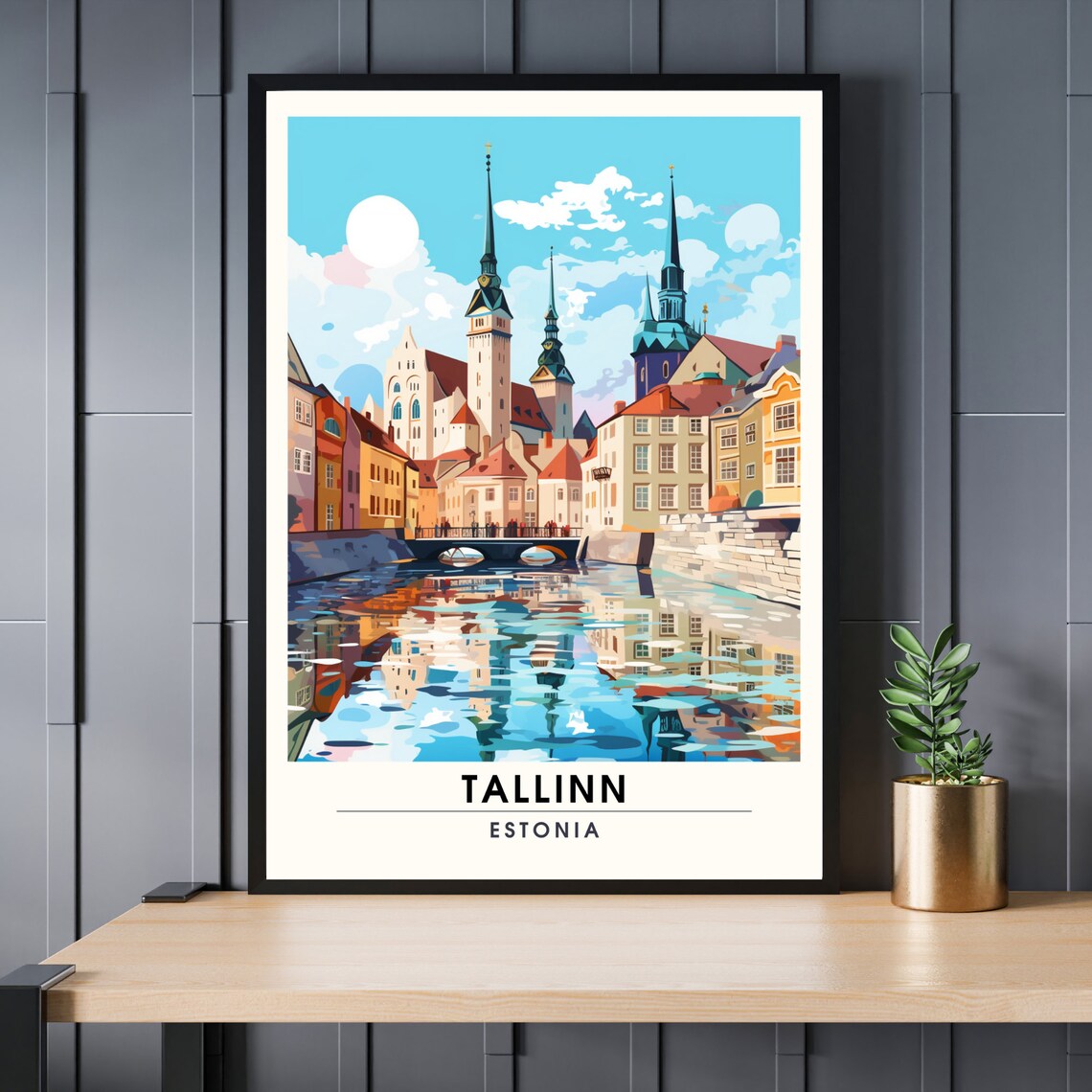 Tallinn Estonia Old Town River Reflection Vintage Travel Poster