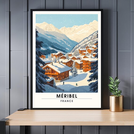 Meribel France Ski Village Vintage Travel Poster Alpine Winter Wall Decor
