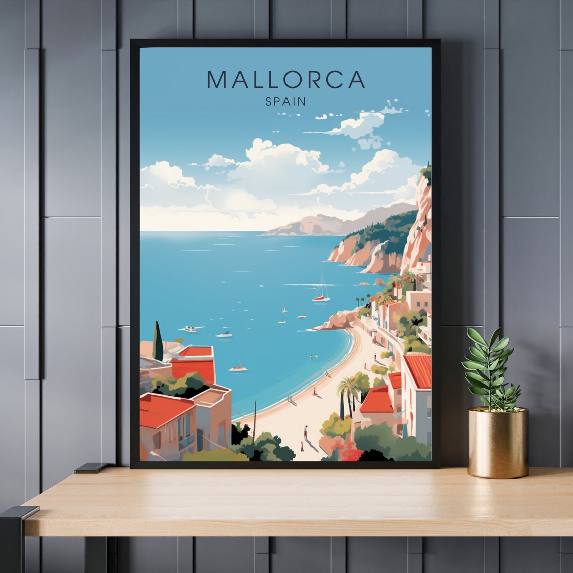Mallorca Spain Sunny Turquoise Beach Coast Vintage Travel Poster