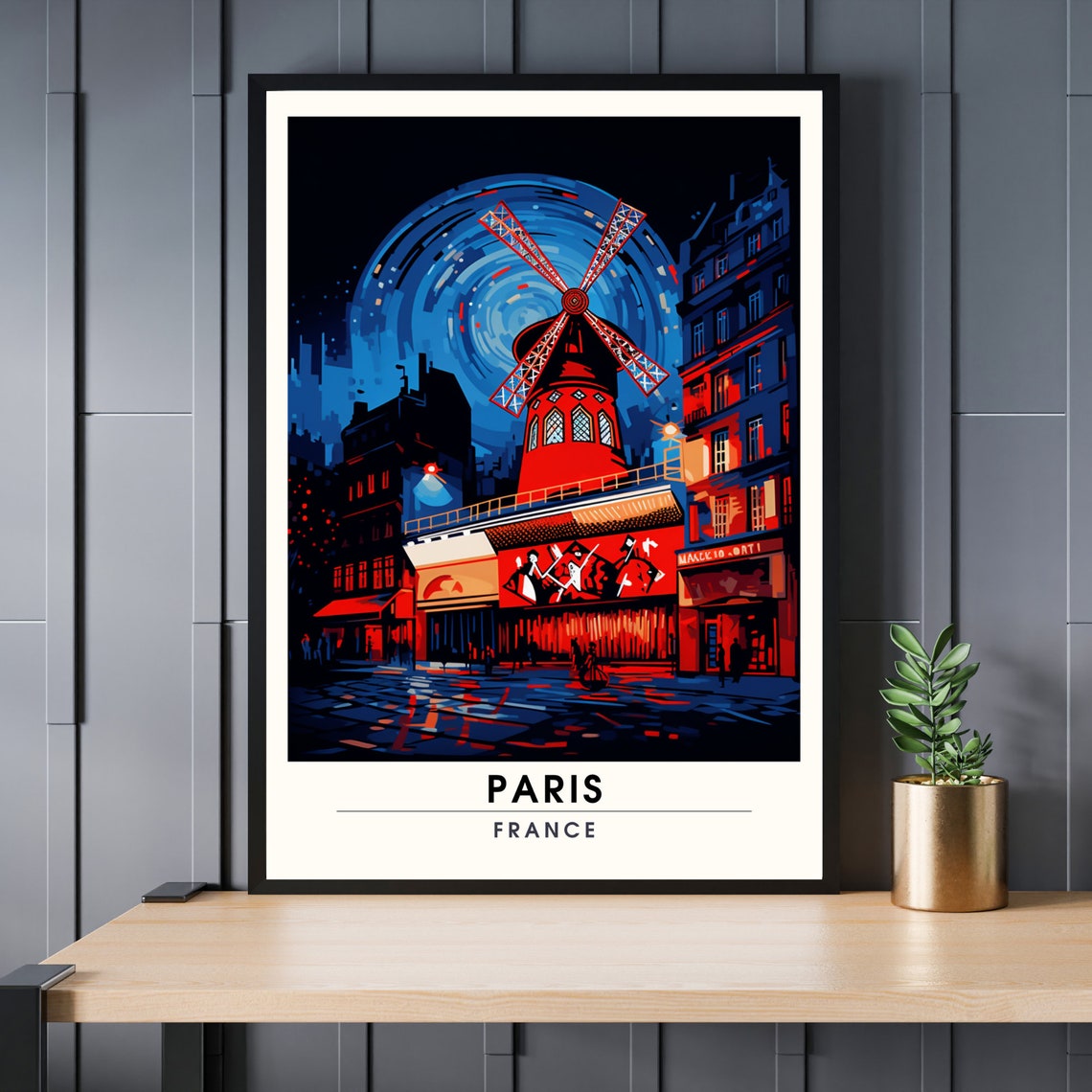 Paris France Moulin Rouge Red Windmill Stylized Night Scene Poster