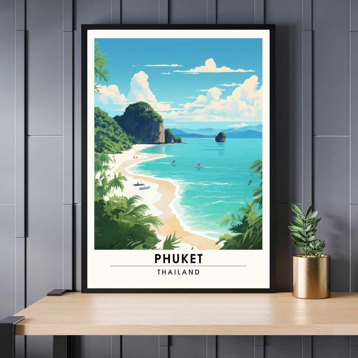Phuket Thailand Tropical Bay Limestone Cliffs Retro Travel Poster
