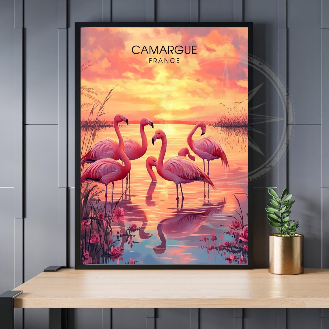 Camargue France Pink Flamingos Sunset Wetland Wildlife Poster