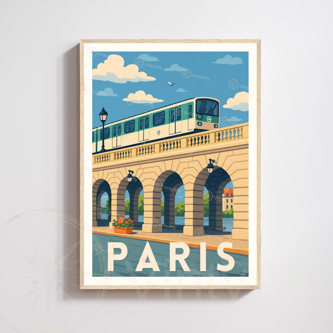 Paris Metro Train Bridge Daytime Vintage French Travel Poster