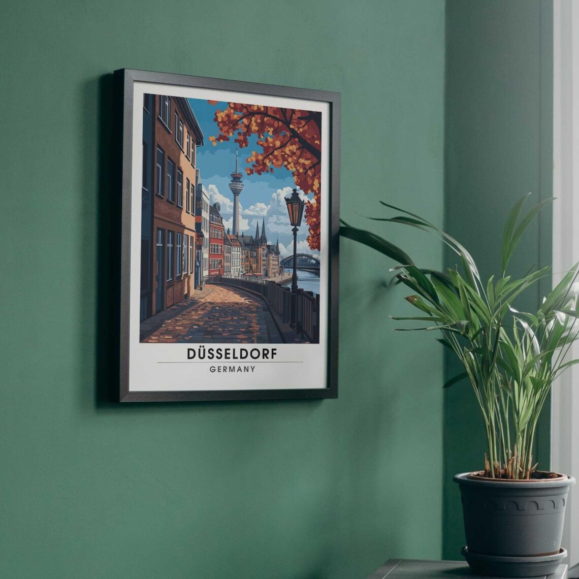 Düsseldorf Autumn Cobblestone Lane Rheinturm Germany Travel Poster - Image 4