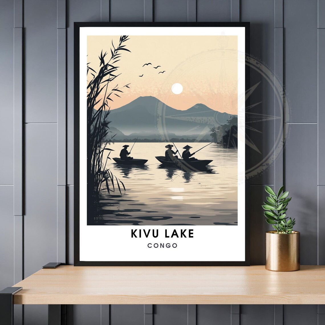 Lake Kivu Congo Sunrise Travel Poster With Fishermen And Canoes