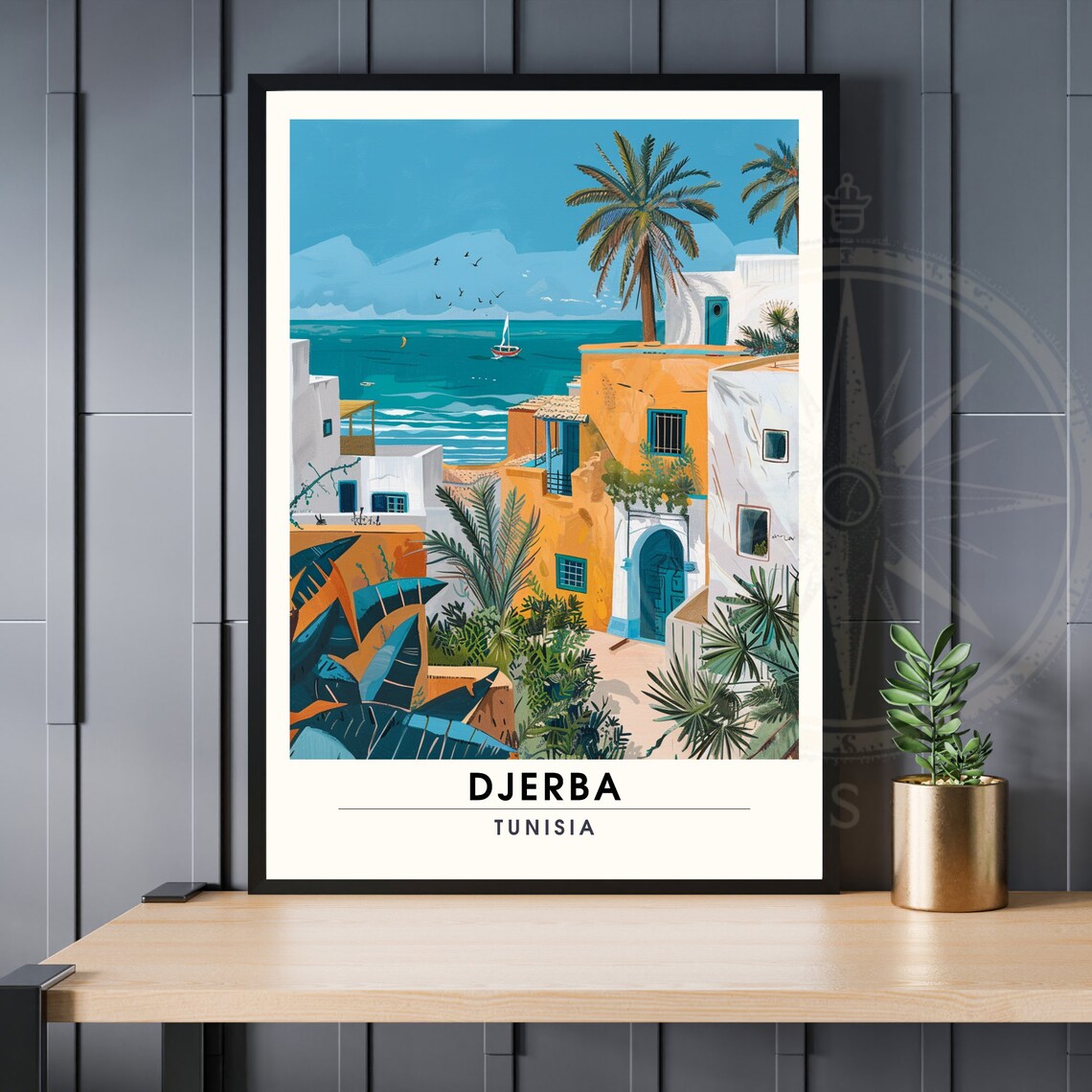 Djerba Tunisia Colorful Coastal Village Palms Sea View Travel Poster
