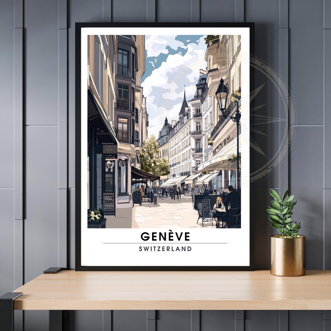 Geneve Switzerland Sunny Cafe Street Scene Europe Travel Poster
