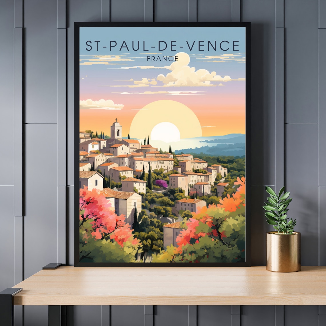 St-Paul-de-Vence France Sunset Provençal Village Illustration Poster