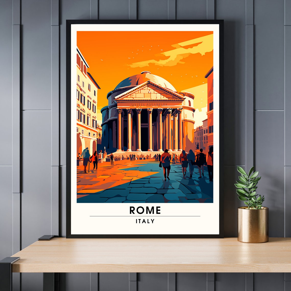 Rome Italy Pantheon Sunset Orange Sky Crowded Piazza Travel Poster