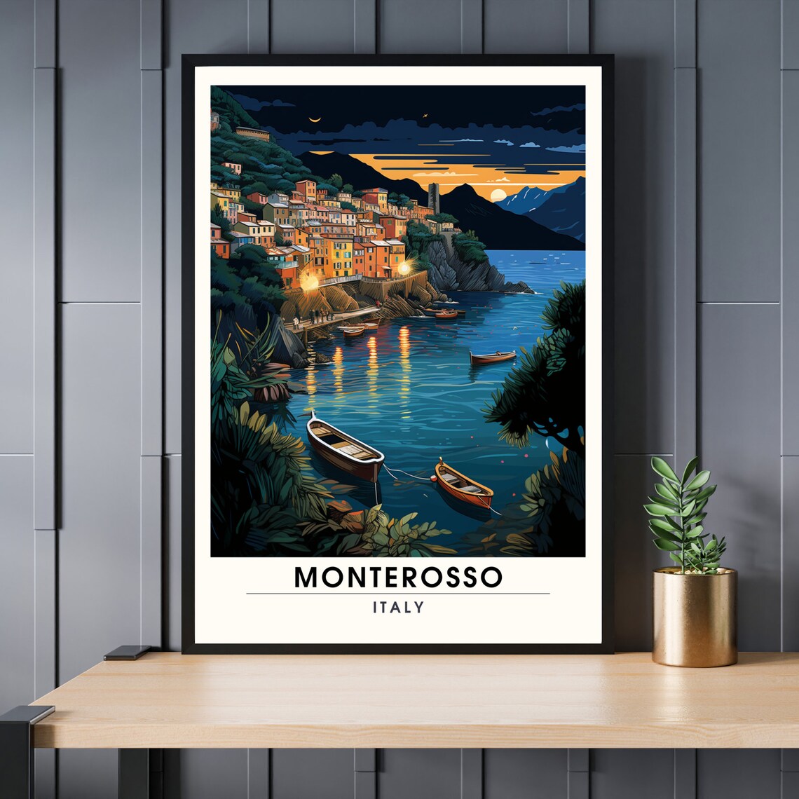 Monterosso Italy Moonlit Harbor Boats Night Scene Travel Poster