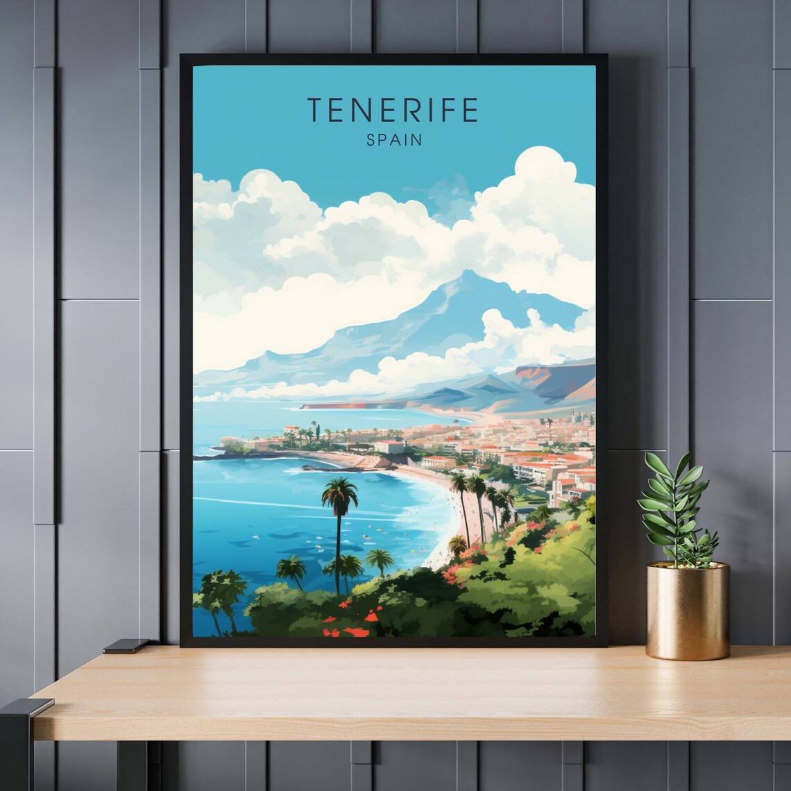 Tenerife Spain Coastal Bay and Mount Teide Travel Poster Art