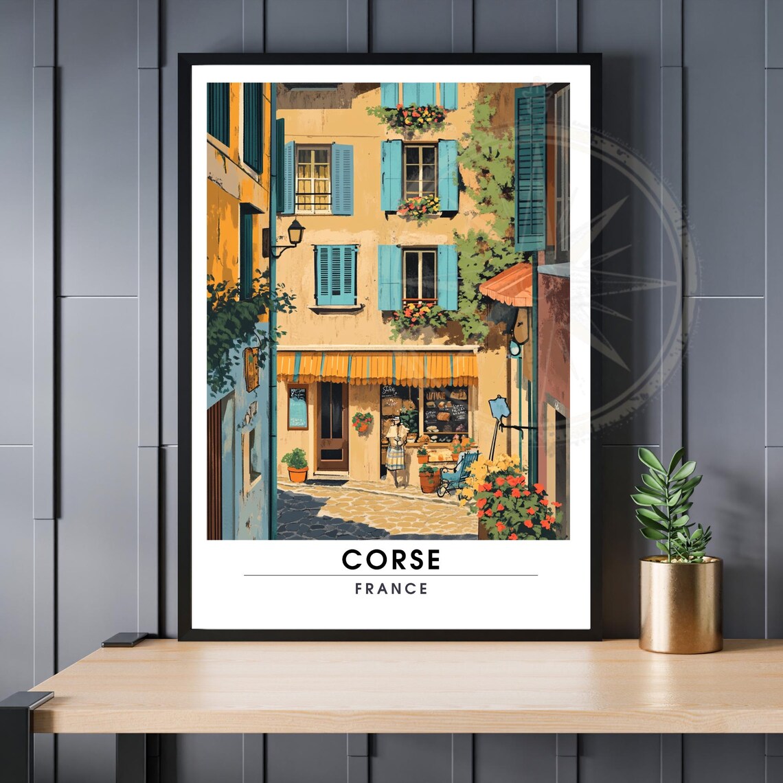 Corse France Charming Old Town Cafe Street Blue Shutters Travel Poster