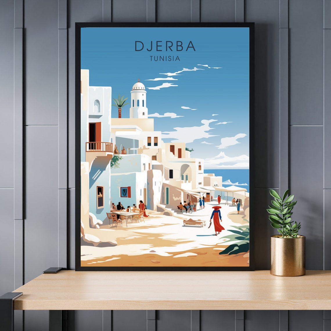 Djerba Tunisia Whitewashed Sunny Seaside Beach Town Travel Poster